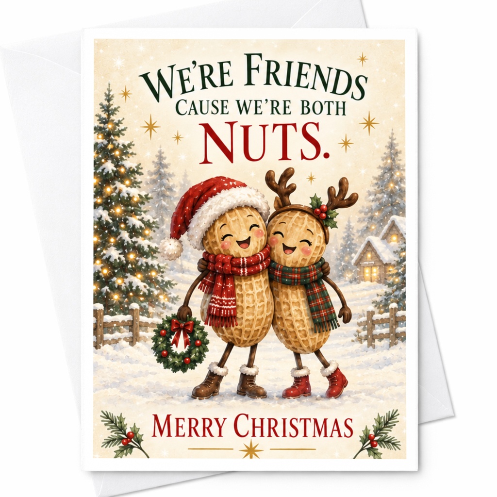 We're Friends Cause We're Both Nuts. Merry Christmas Funny Christmas Card Cute Holiday Greeting Card For Friend Festive Peanut Des C7624