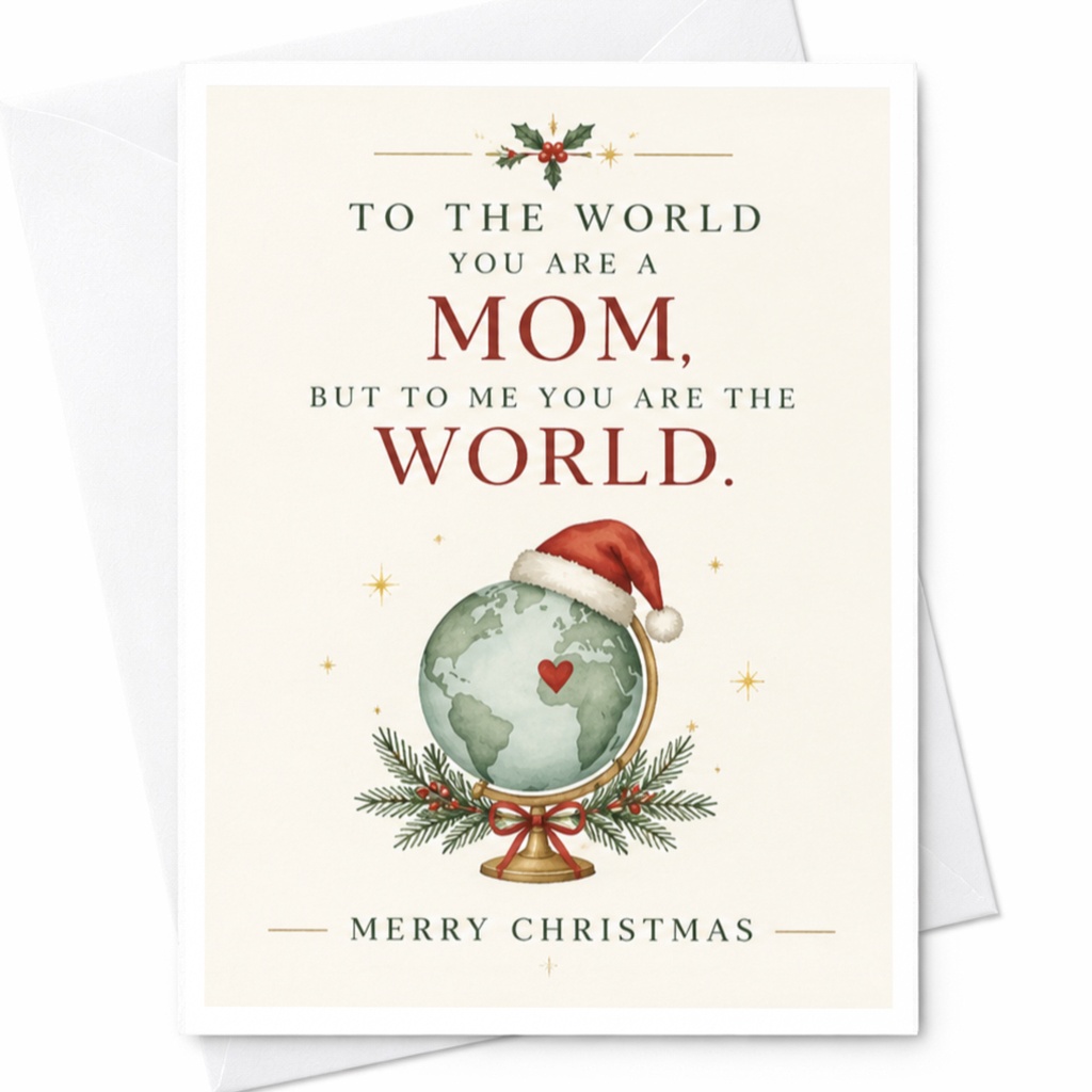 To The World You Are A Mom, But To Me You Are The World. Merry Christmas Card For Mom Holiday Greeting Cute Globe C7626