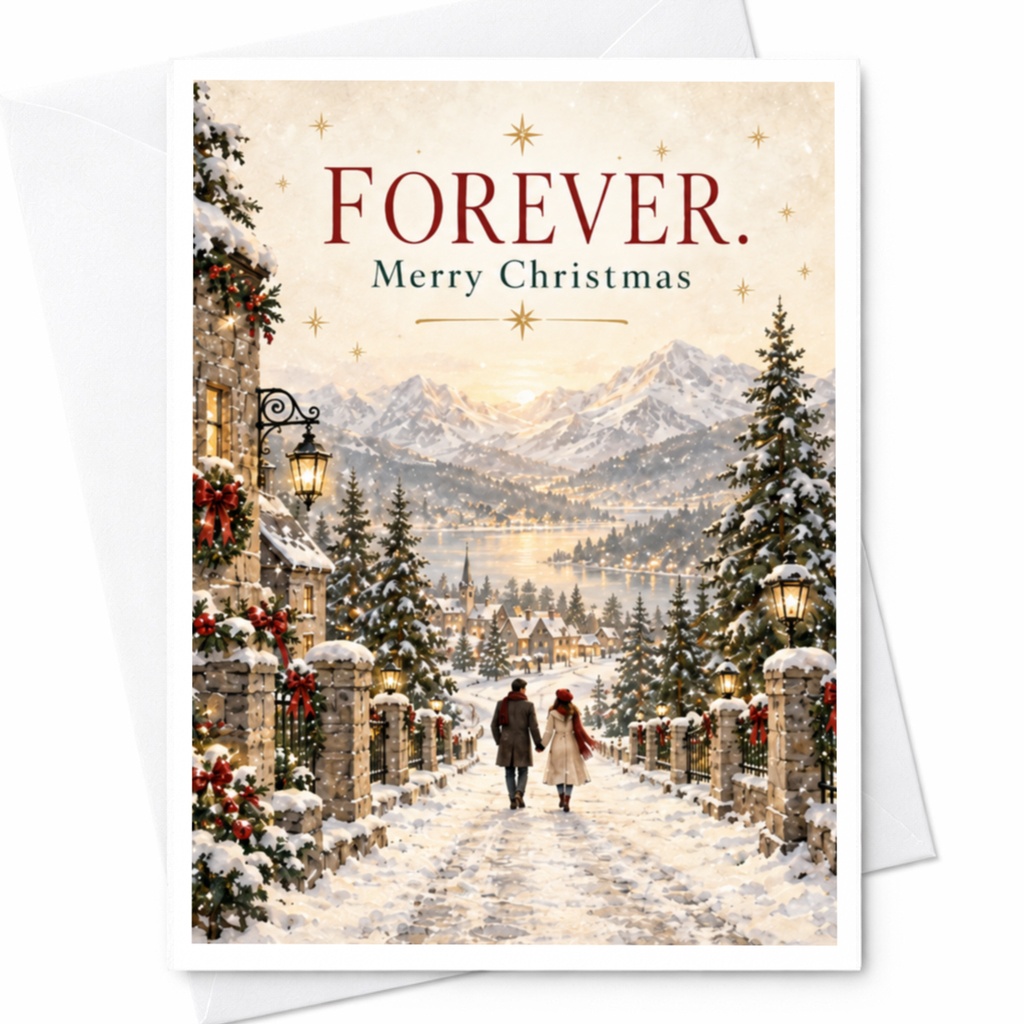 Forever. Merry Christmas Card Romantic Winter Scene Holiday Greeting Card For Couple Festive Snowy Landscape Christmas Card C7631