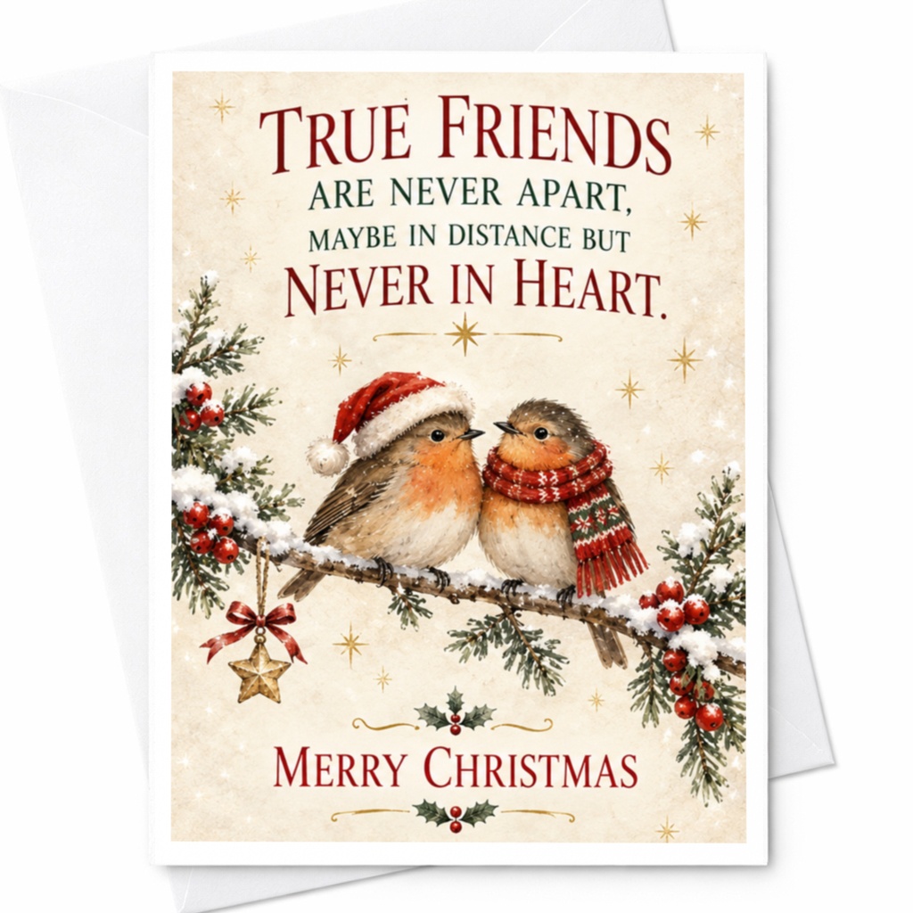 True Friends Are Never Apart Christmas Card Cute Birds Holiday Greeting Card For Friend Festive Winter Scene Merry Christmas C7633
