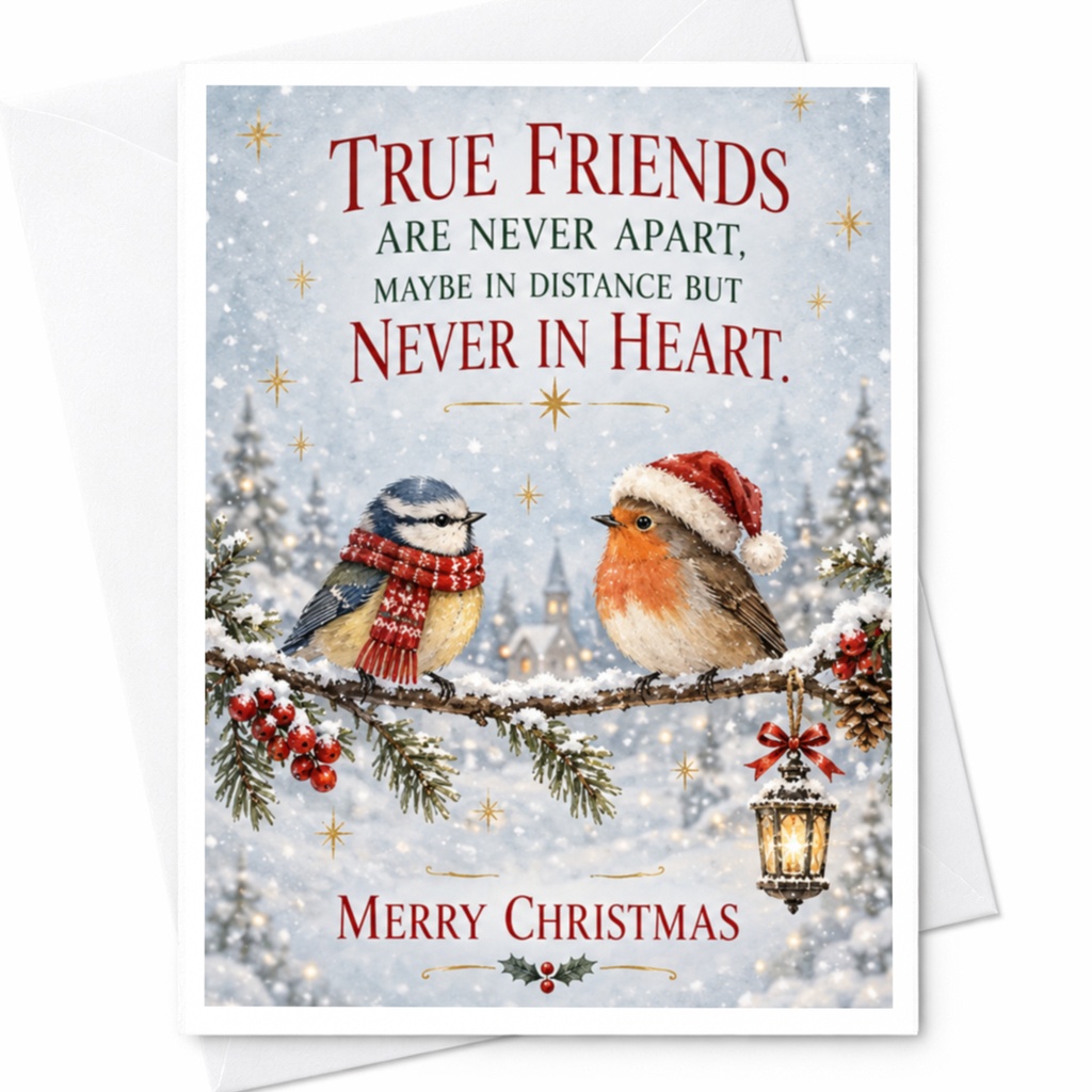True Friends Are Never Apart Christmas Card Cute Birds Winter Scene Holiday Greeting Card For Friend Sentimental C7634