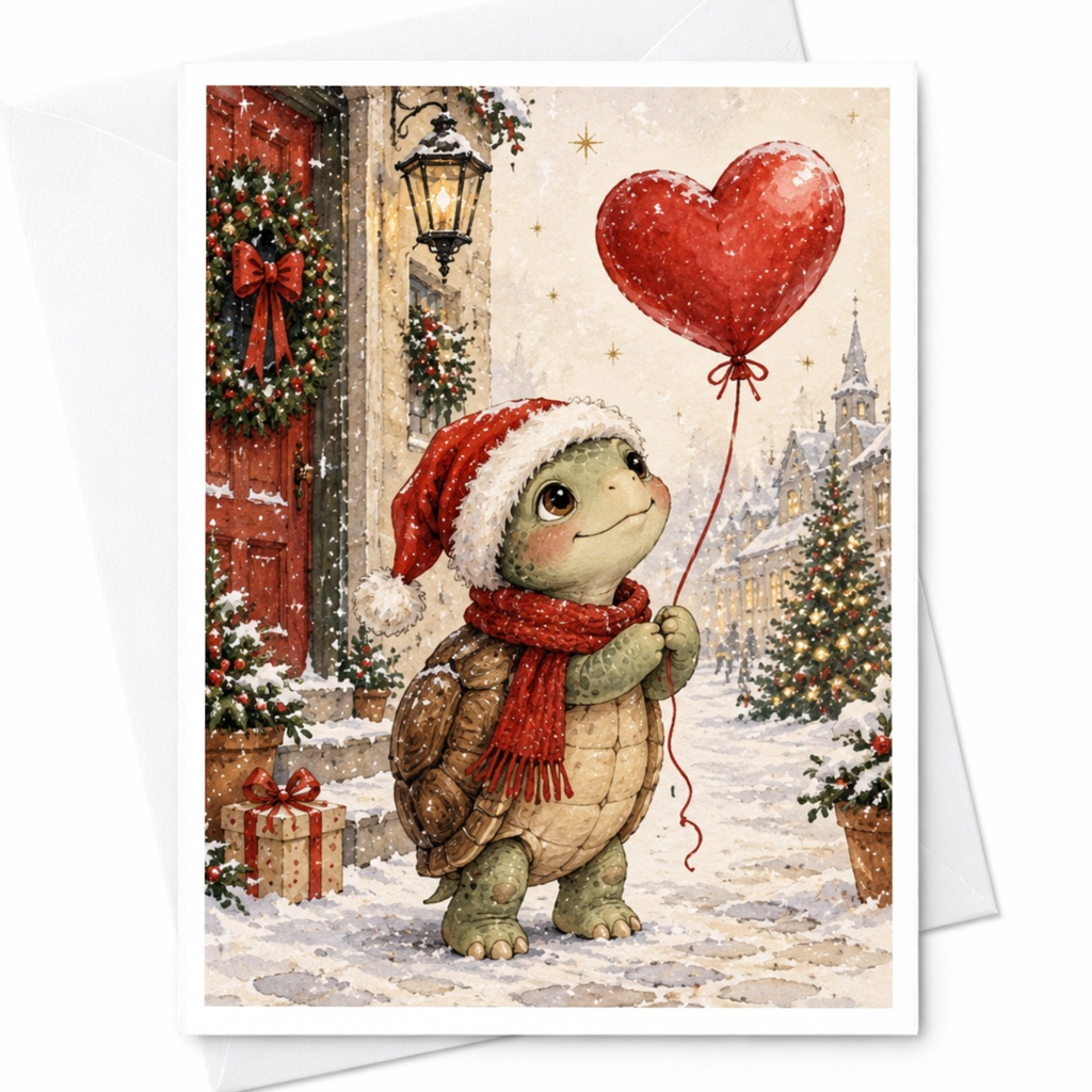 Cute Turtle Christmas Card Heart Balloon Holiday Greeting Card For Kids Animal Lover Festive Winter Scene Adorable C7637