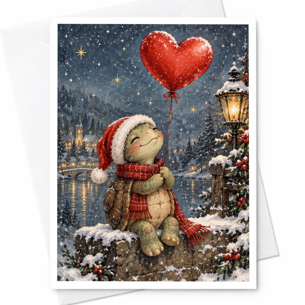 Turtle With Heart Balloon Christmas Card Cute Winter Scene Greeting Card For Animal Lover Holiday Card Festive Snowy C7638