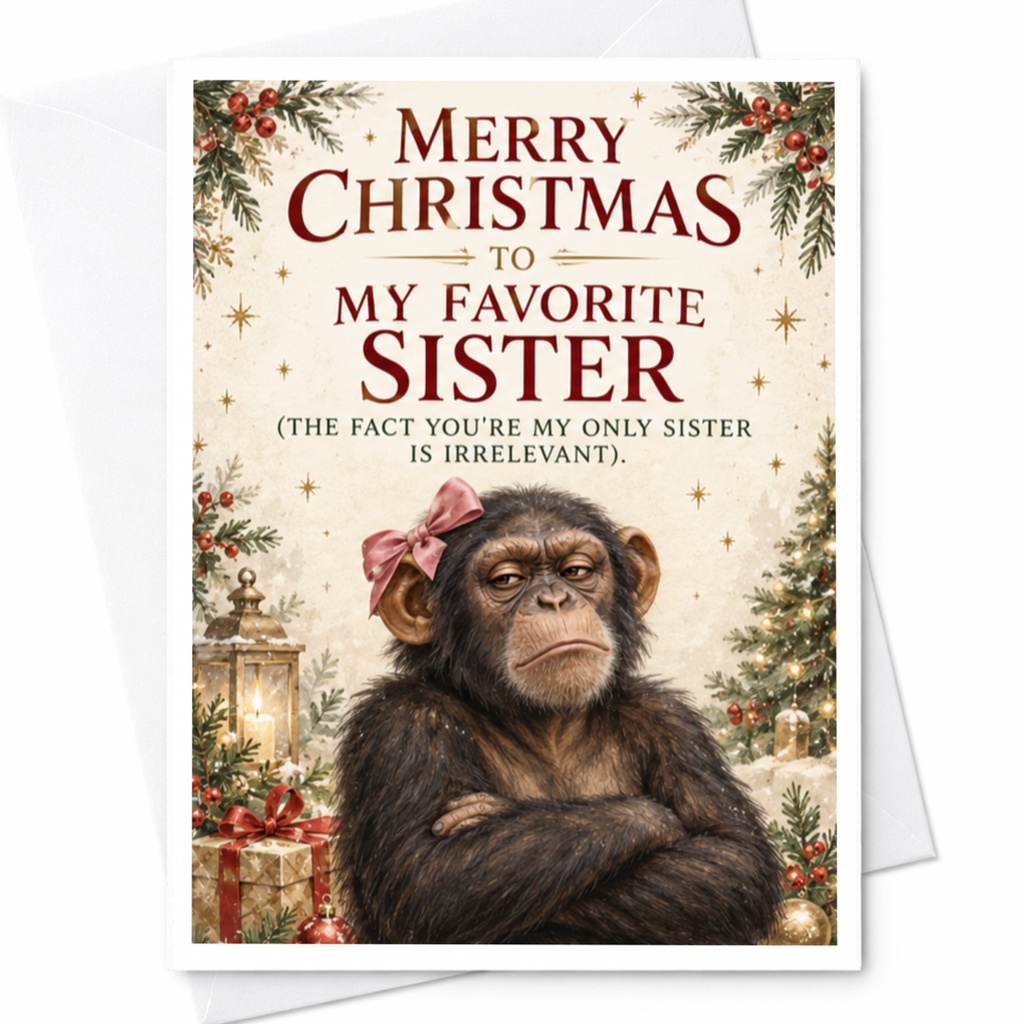 Merry Christmas To My Favorite Sister Funny Christmas Card For Sister Holiday Greeting Card With Chimpanzee C7643