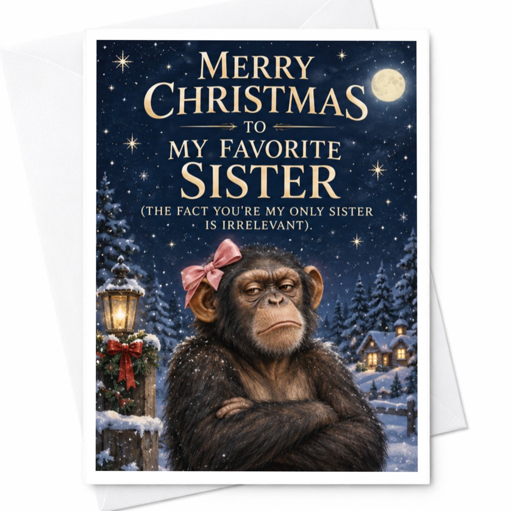 Merry Christmas To My Favorite Sister Funny Christmas Card For Sister Holiday Greeting Card With Chimpanzee C7644