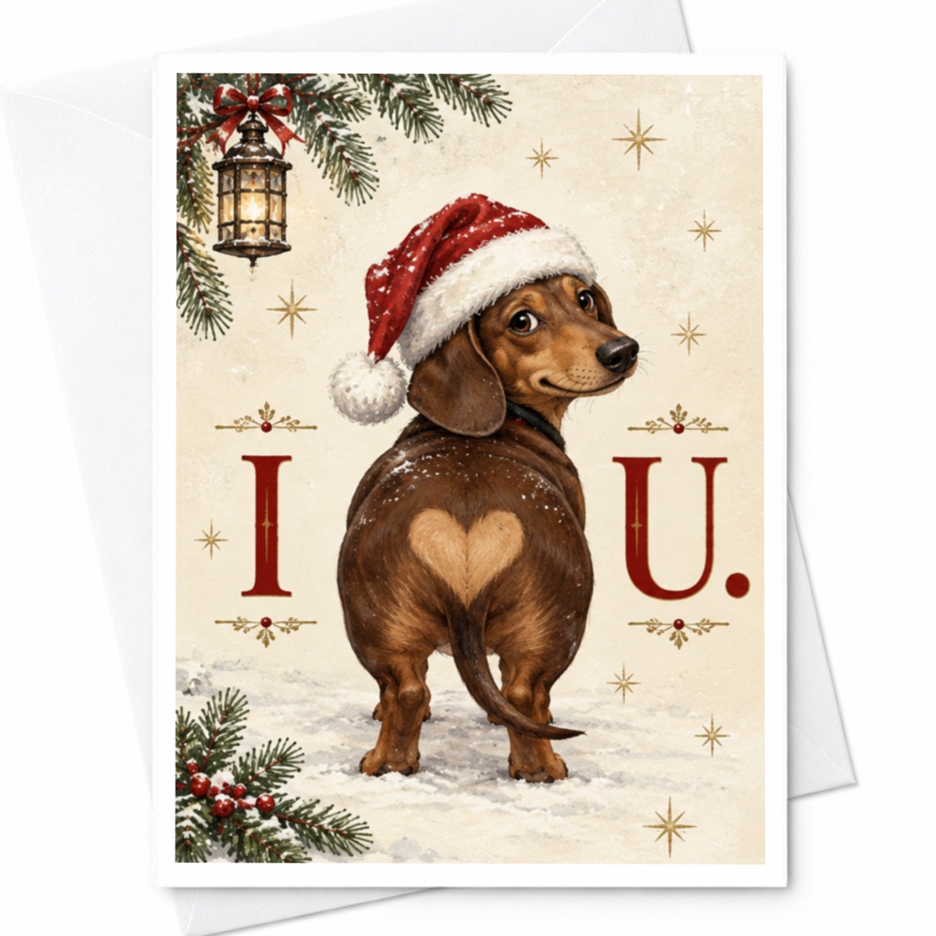 I U. Cute Dachshund Christmas Card Dog Lover Holiday Greeting Card Santa Hat Festive Card For Her Him Animal Lover C7645