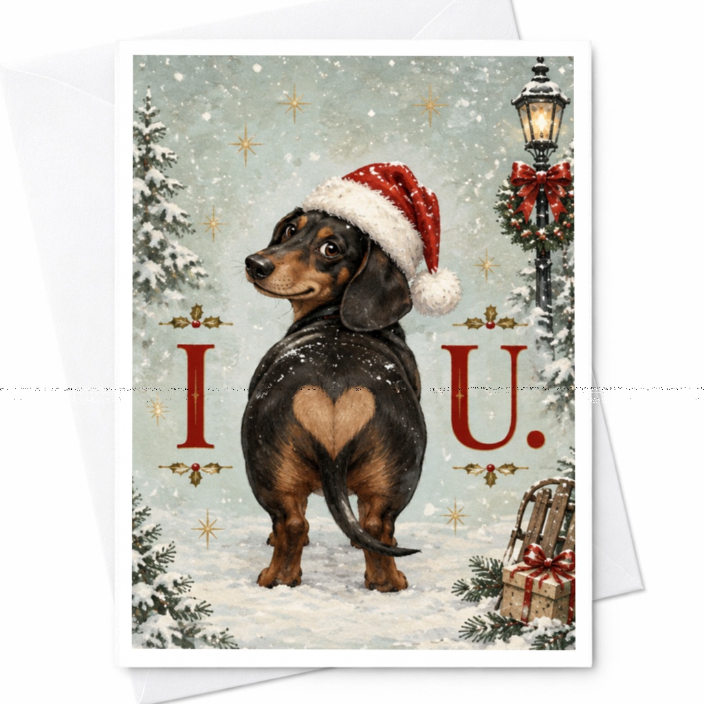I U. Cute Dachshund Christmas Card Dog Lover Holiday Greeting Card Santa Hat Festive Winter Scene For Her Him C7646