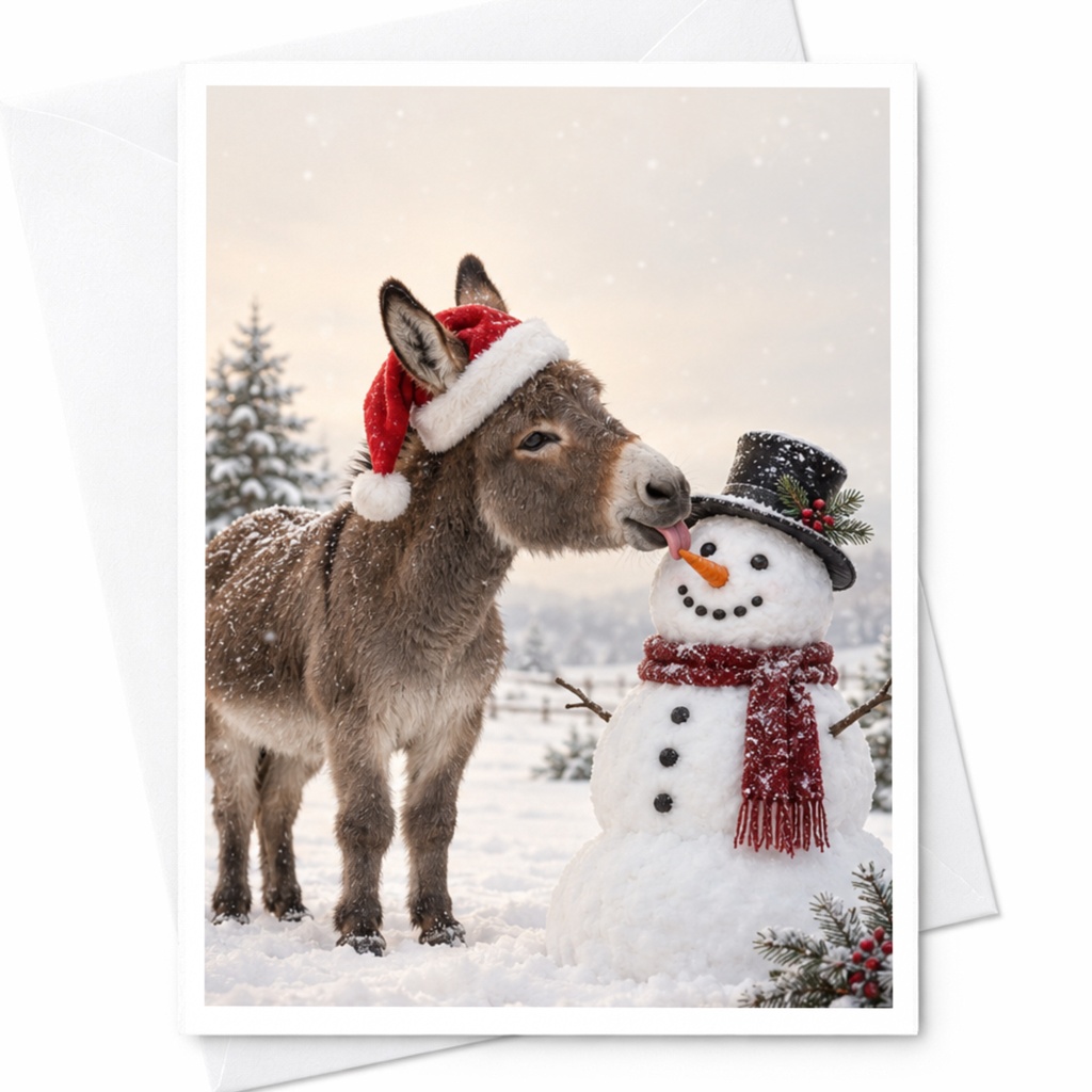 Donkey With Snowman Christmas Card Cute Animal Holiday Greeting Card Winter Scene For Animal Lover Festive Card C7649