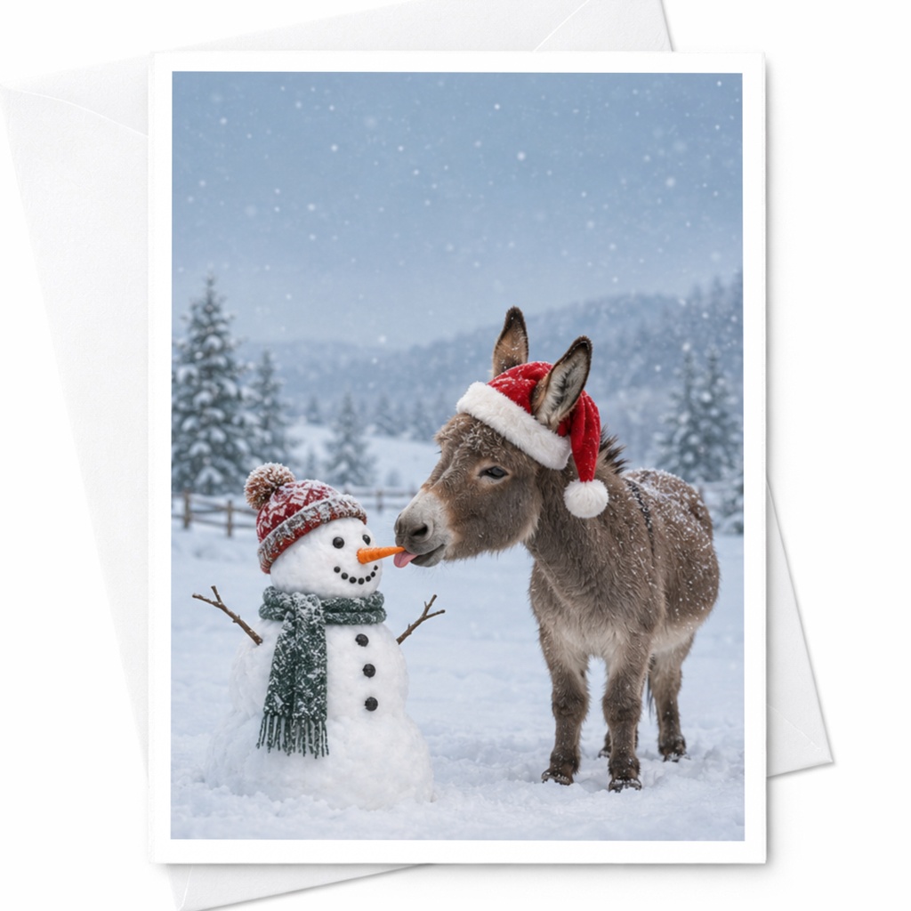 Donkey And Snowman Christmas Card Cute Winter Scene Holiday Greeting Card For Animal Lovers Festive Snowy Landscape C7650