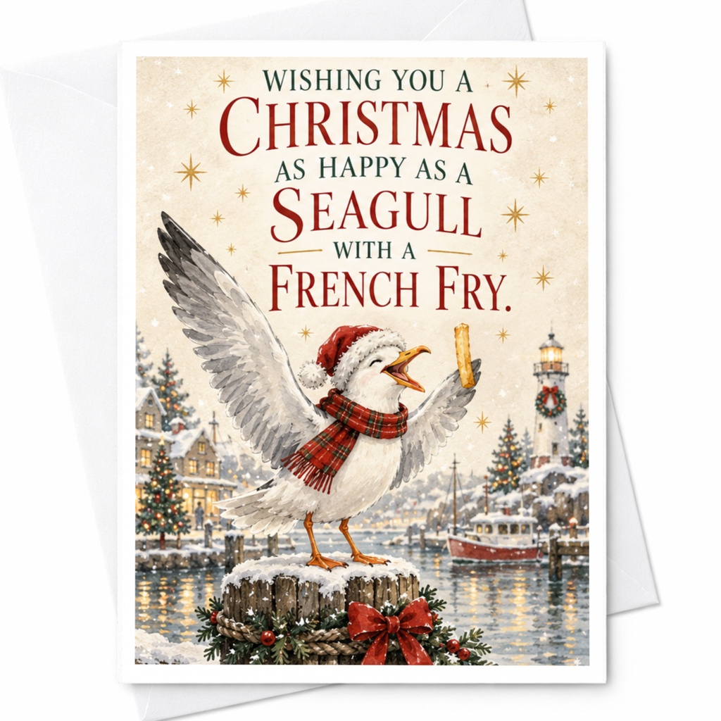 Wishing You A Christmas As Happy As A Seagull With A French Fry Christmas Card Funny Holiday Greeting Card For Bird Lover Cute Fes C7651