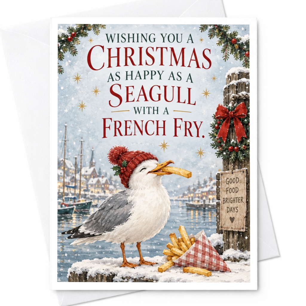 Wishing You A Christmas As Happy As A Seagull With A French Fry Funny Christmas Card Seagull Illustration Holiday Greeting Card C7652