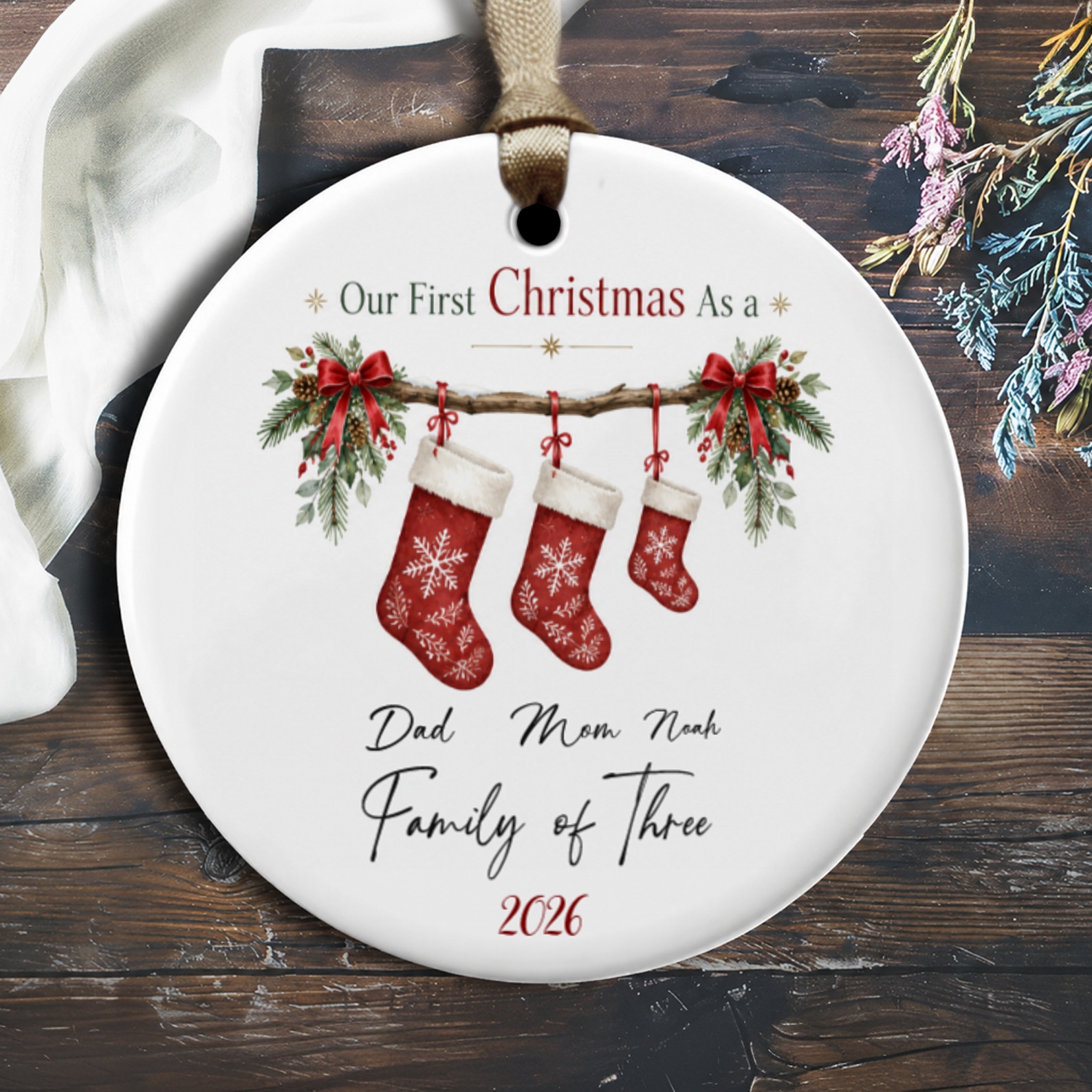 Our First Christmas As A Family Of Three Ornament 2026 Personalized Christmas Ornament For New Parents Holiday Decor OP1