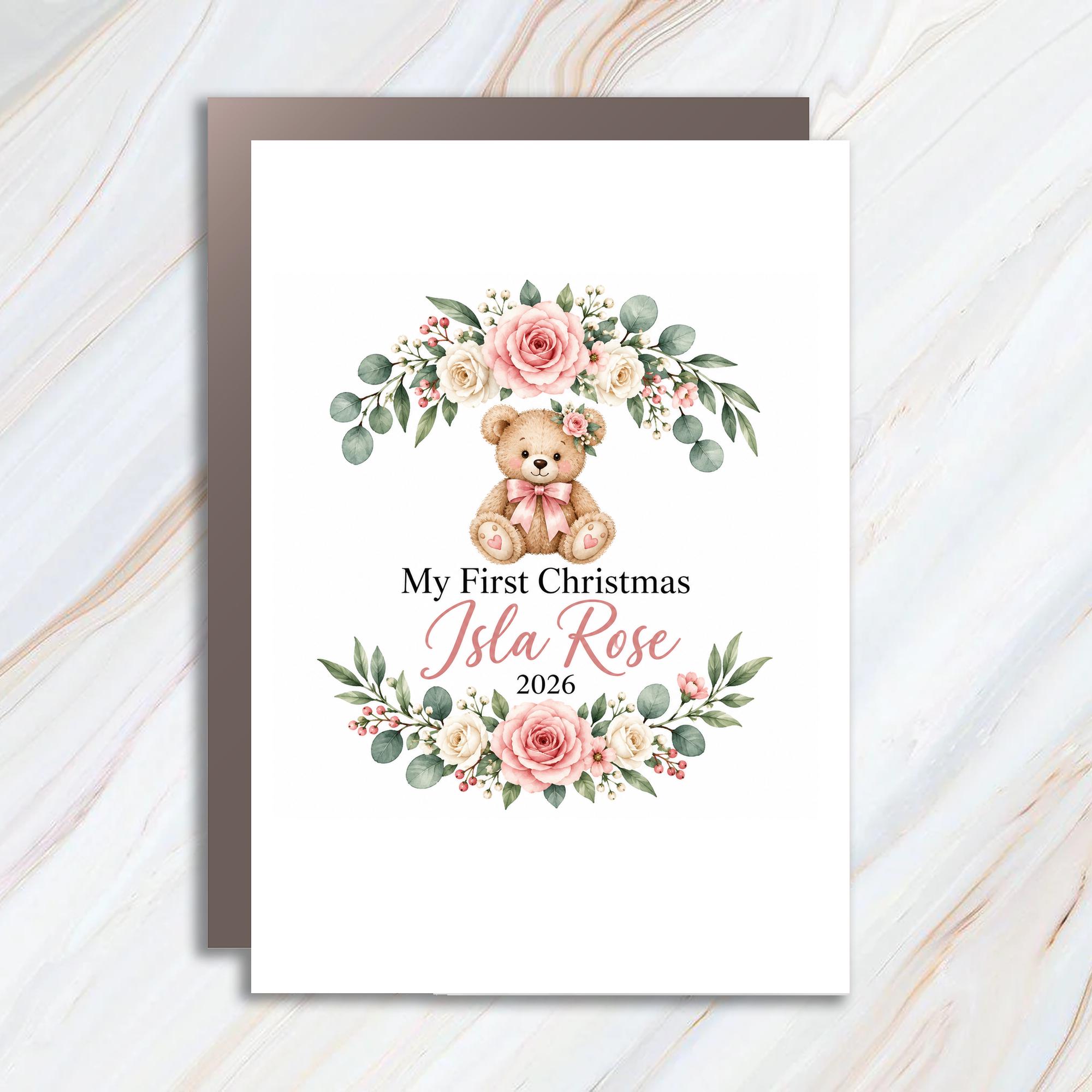 My First Christmas Isla Rose 2026 Personalized Baby's First Christmas Card Cute Teddy Bear Floral Keepsake C1907
