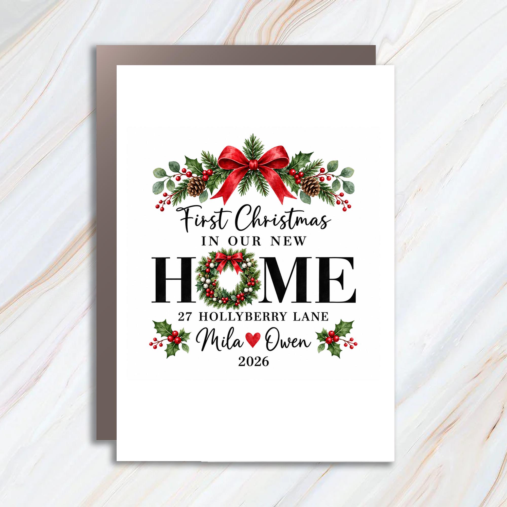 First Christmas In Our New Home Christmas Card Personalized Holiday Greeting Card New Homeowner Gift Custom Family Name 2026 C1911