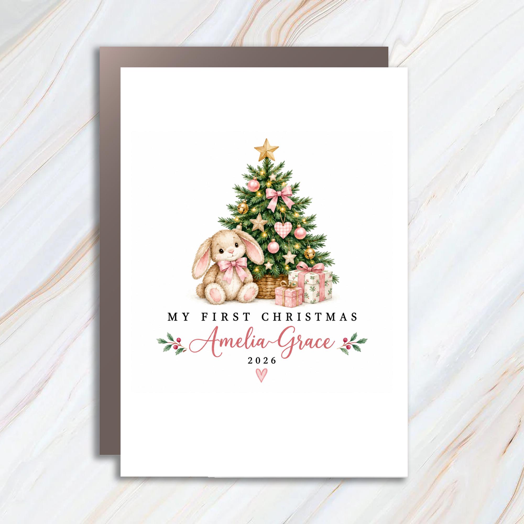 My First Christmas 2026 Personalized Baby's First Christmas Card Cute Bunny Tree Holiday Keepsake C1918