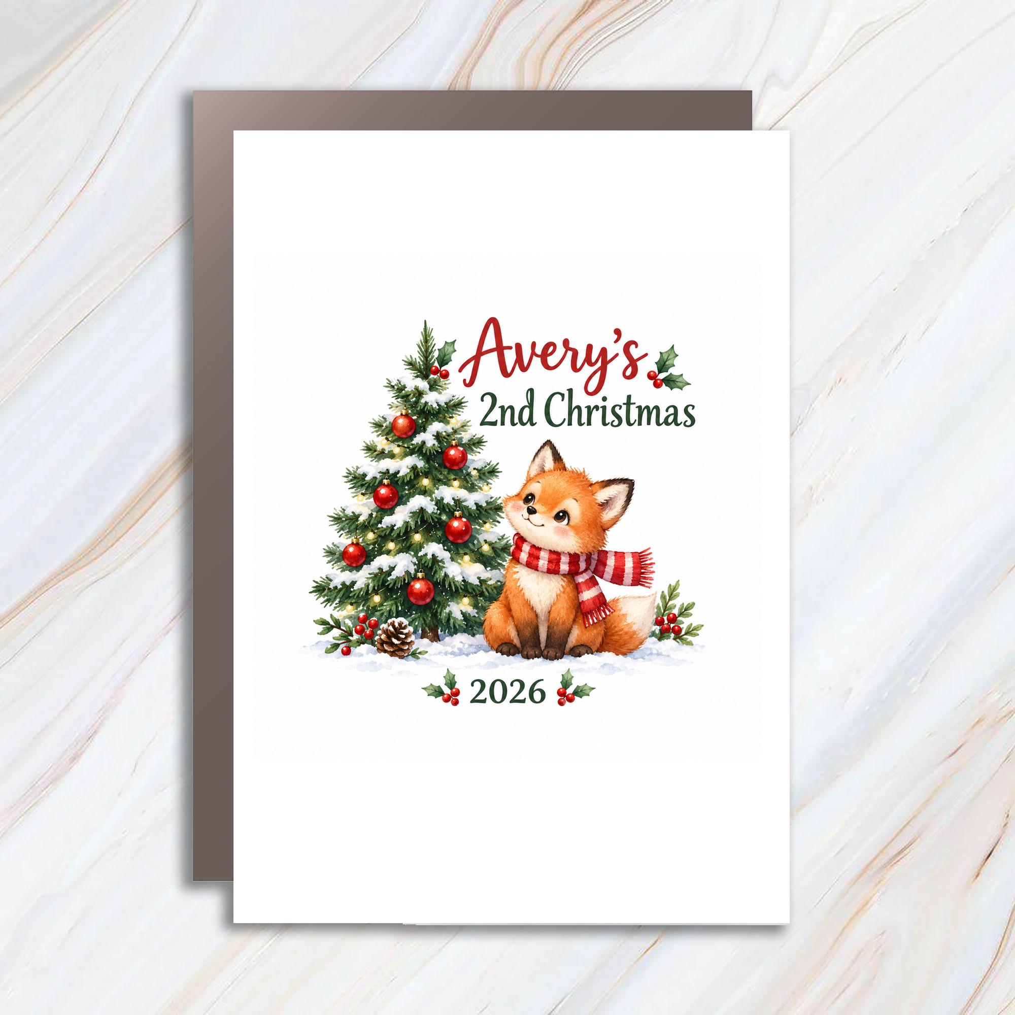 2nd Christmas 2026 Cute Fox Christmas Card Personalized Holiday Greeting Card For Kids Festive Animal C1909