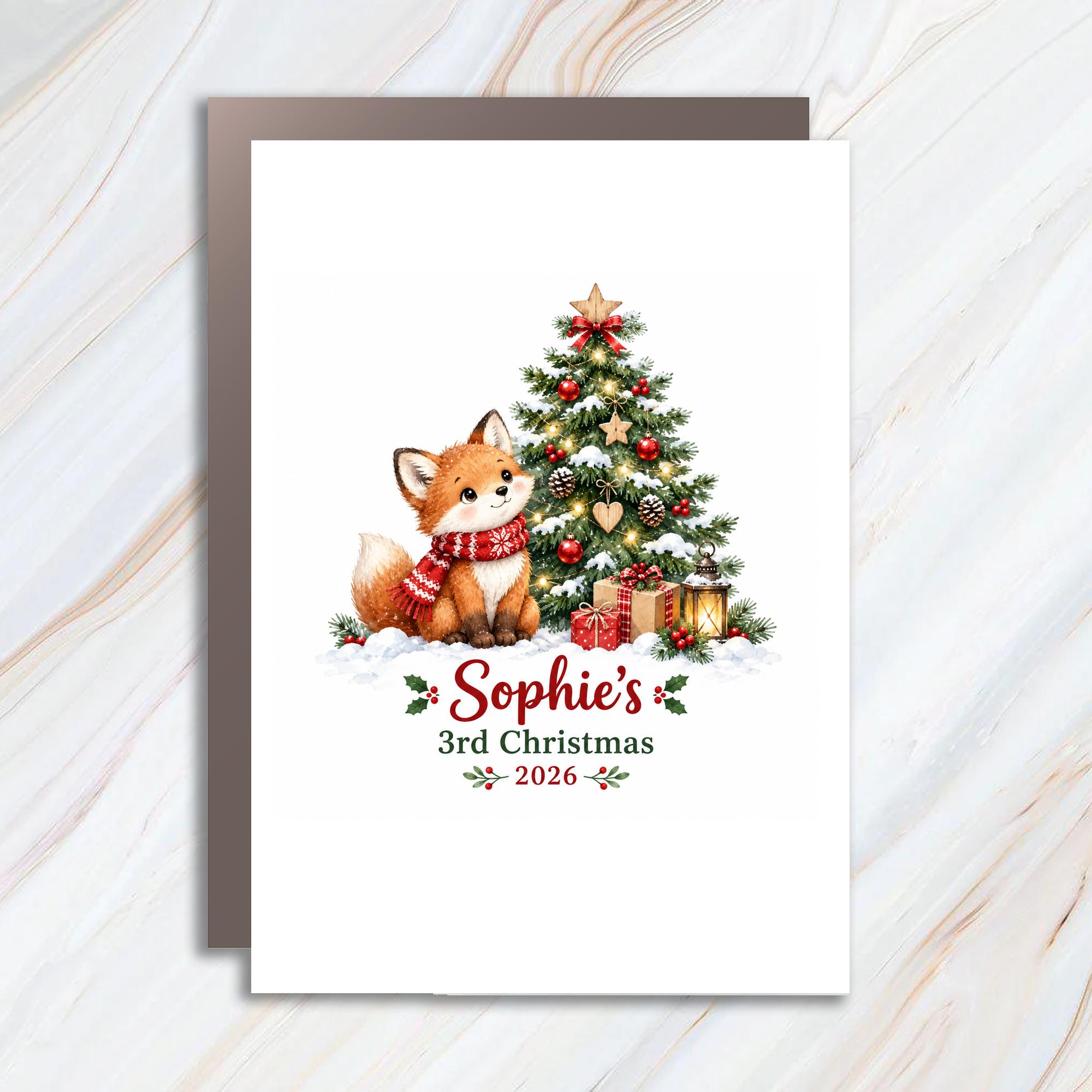 3rd Christmas 2026 Personalized Christmas Card Cute Fox Holiday Card For Kids Custom Name Xmas Card C1912