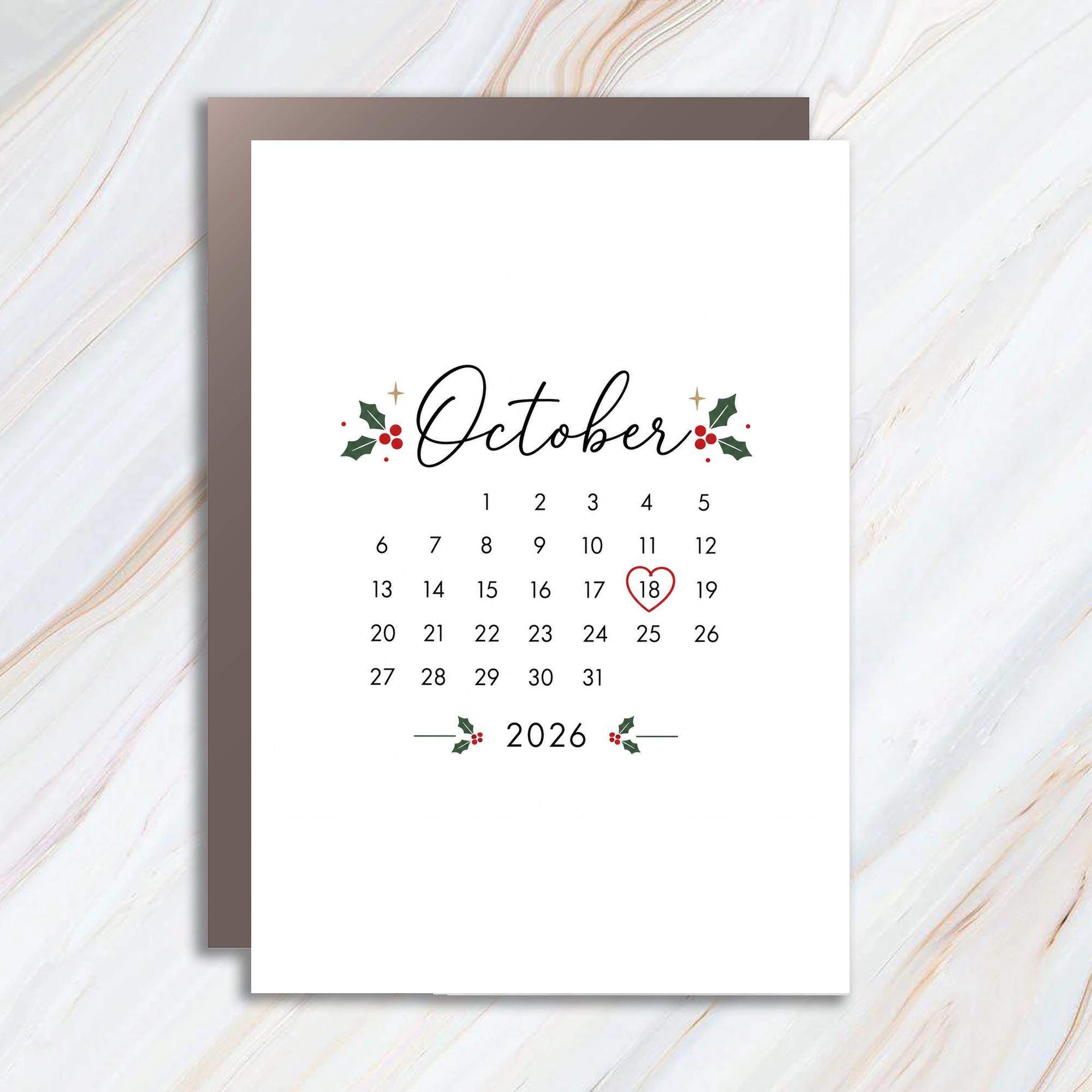 2026 Calendar Greeting Card Holly Accents Everyday Card For Friend Minimalist Cute Holiday Theme C1914