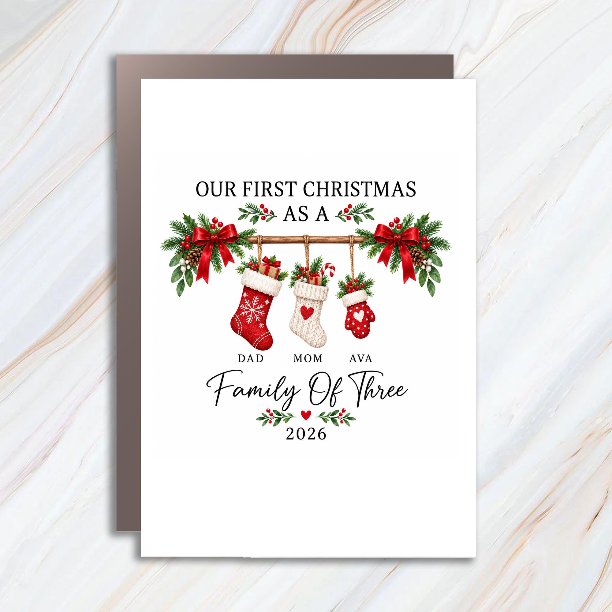 Our First Christmas As A Family Of Three Christmas Card Personalized Holiday Card For Family With Baby Cute Festive C1920