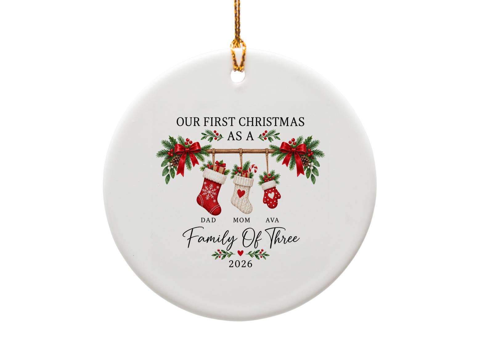 Our First Christmas As A Family Of Three 2026 Personalized Ornament Custom Holiday Decor New Parents Gift O1920