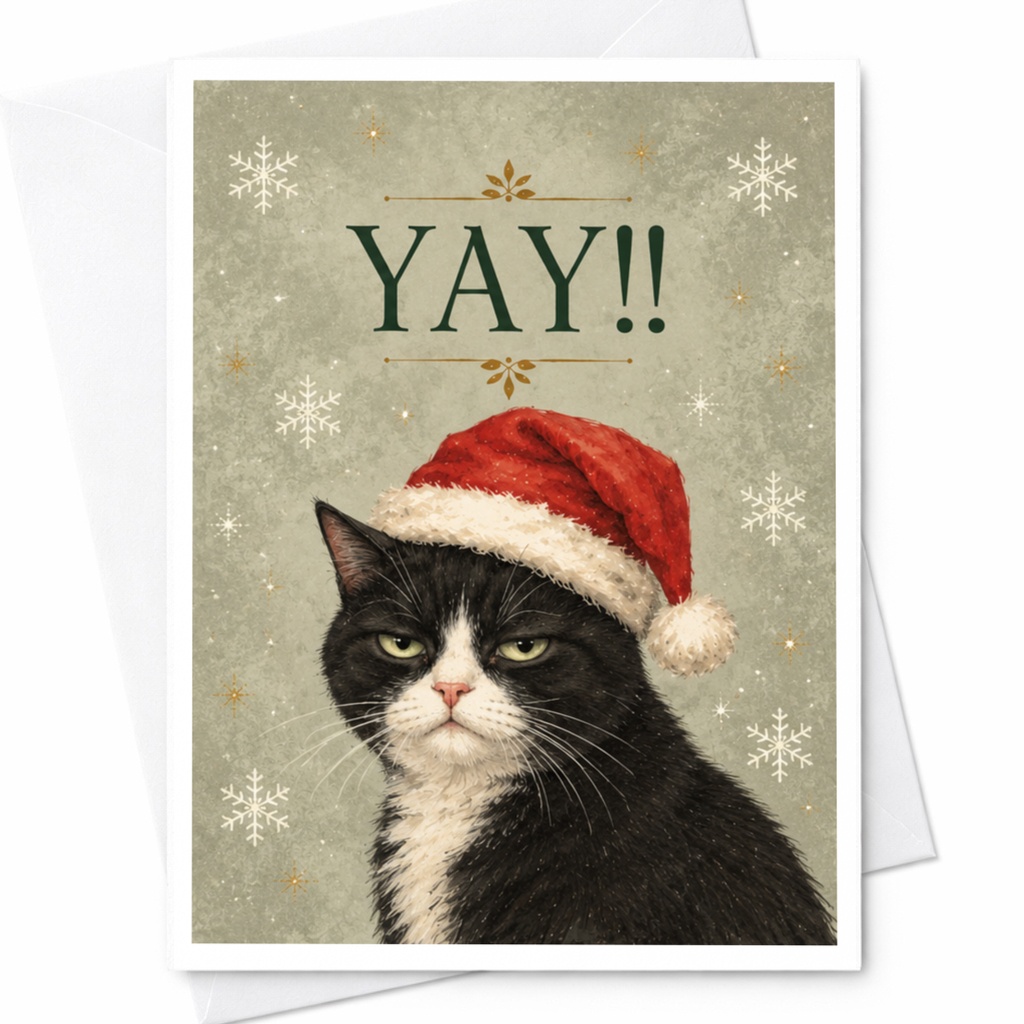 Yay!! Funny Christmas Card Cat With Santa Hat Holiday Greeting Card For Cat Lover Cute Festive Animal Card C7654
