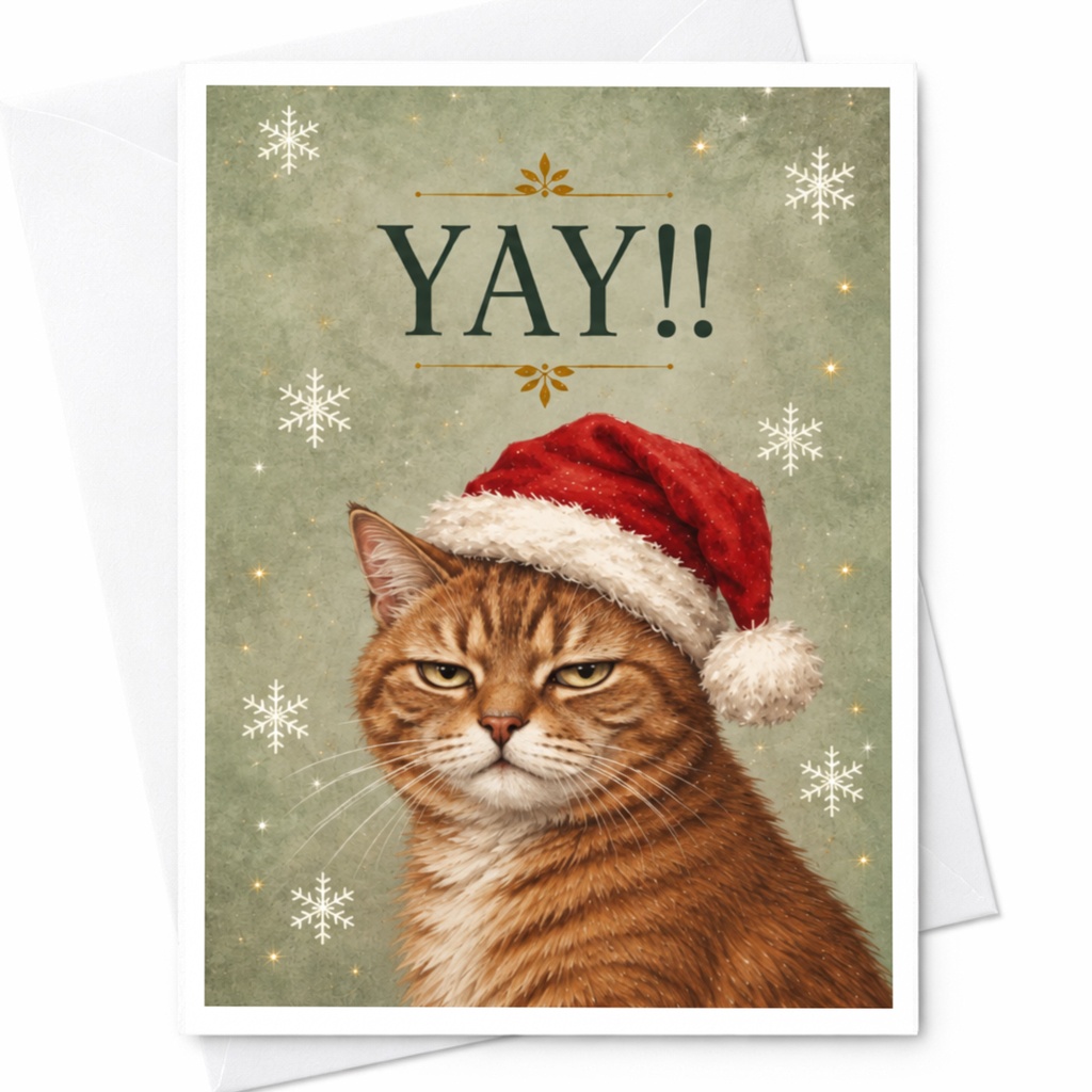 Yay!! Funny Christmas Card Cat With Santa Hat Holiday Greeting Card For Cat Lover Cute Festive Animal Card C7655