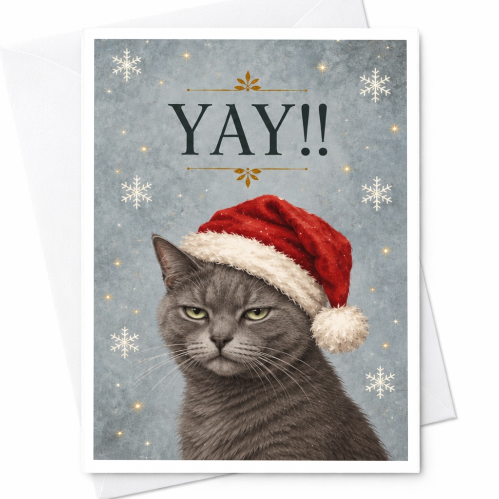 Yay!! Funny Christmas Card Cat With Santa Hat Holiday Greeting Card For Cat Lover Cute Festive Animal Card C7656