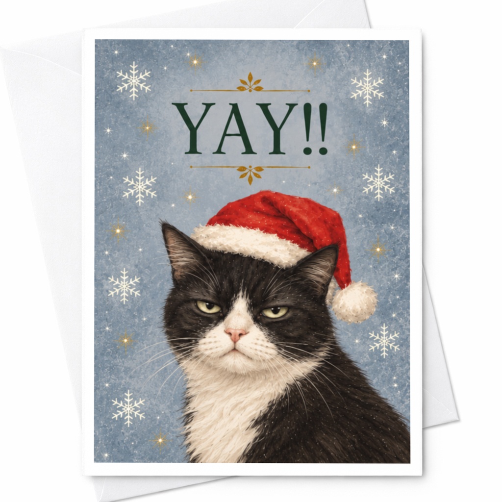 Yay!! Funny Christmas Card Cat With Santa Hat Holiday Greeting Card For Cat Lover Cute Festive Animal Card C7661
