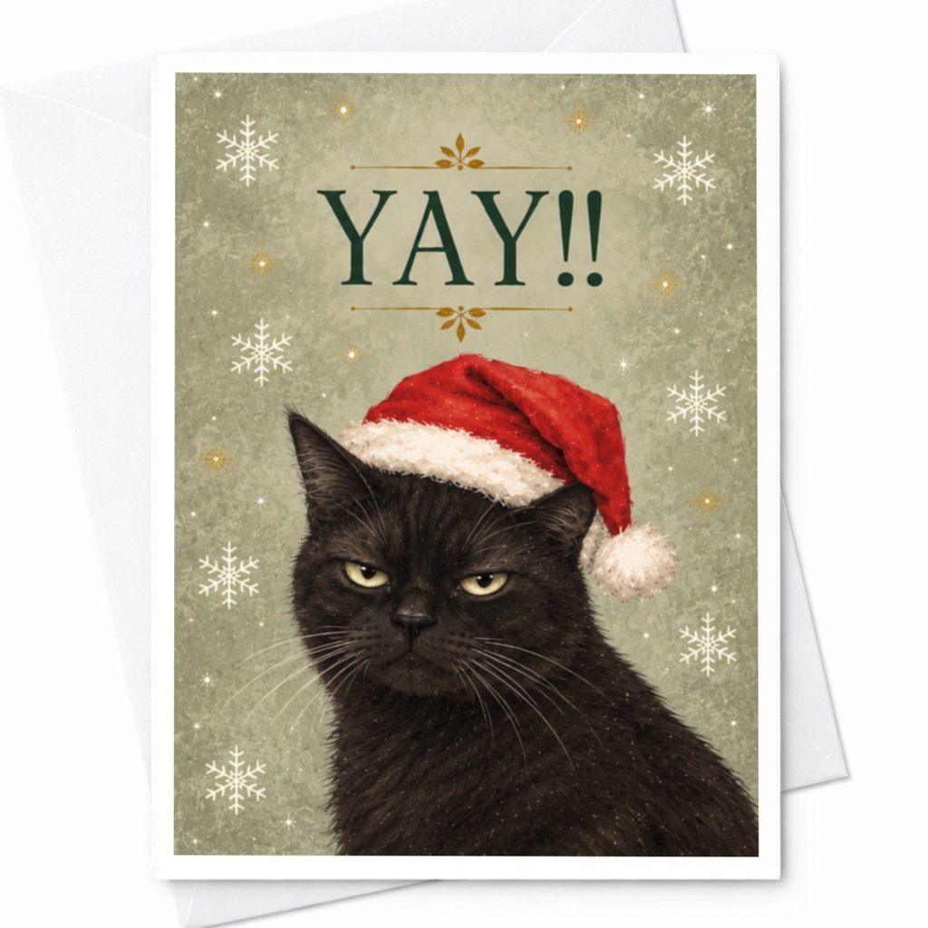 Yay!! Funny Christmas Card Black Cat With Santa Hat Cute Holiday Greeting Card For Cat Lover Festive Animal Card C7662