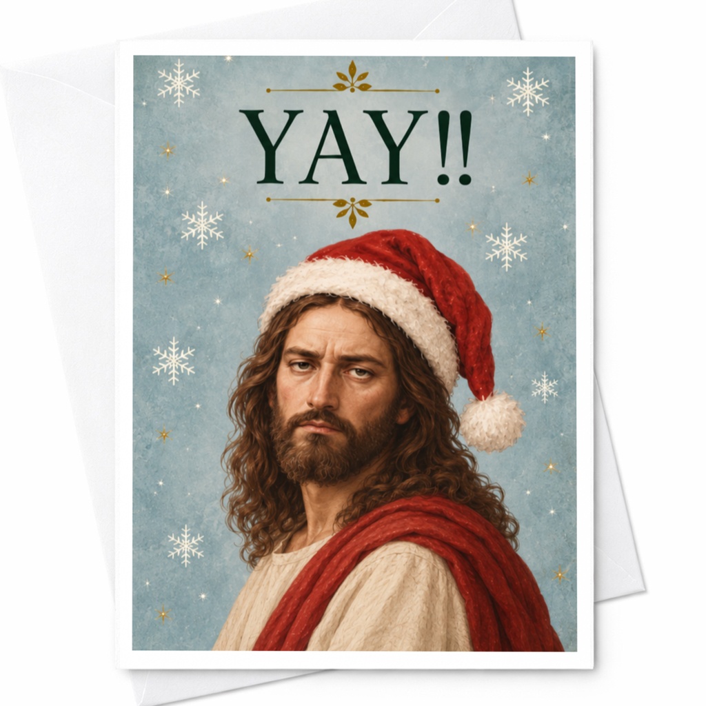 Yay!! Funny Christmas Card Santa Hat Snowflakes Holiday Greeting Card For Him Her Cute Festive Celebration Card C7666