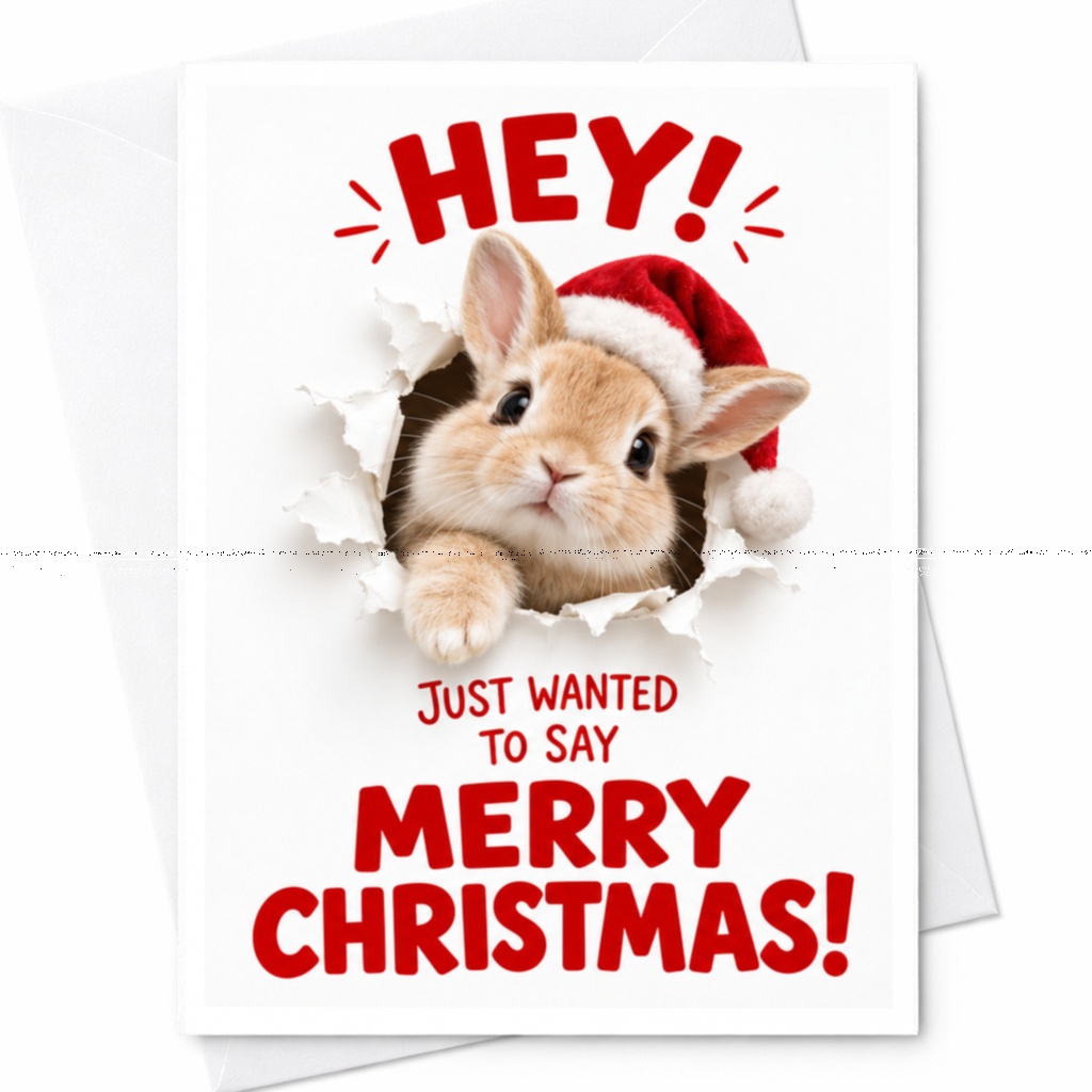 Hey! Just Wanted To Say Merry Christmas! Cute Bunny Christmas Card Santa Hat Holiday Greeting Card For Animal Lover C7667