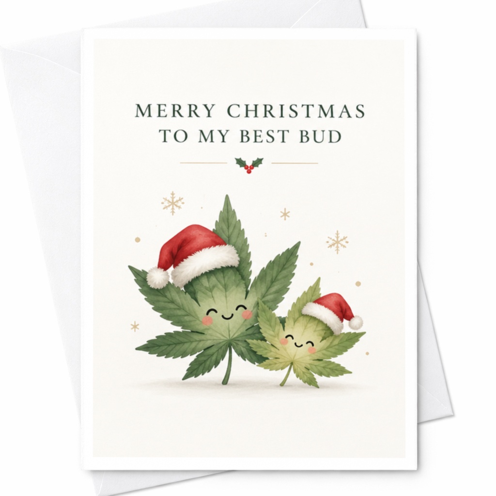 Merry Christmas To My Best Bud Funny Christmas Card Cute Holiday Greeting Card For Friend Cannabis Lover Festive Santa Hat C7669