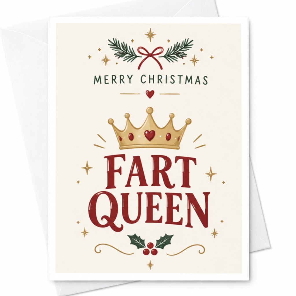 Merry Christmas Fart Queen Funny Christmas Card Holiday Greeting Card For Her Cute Festive Crown C7671