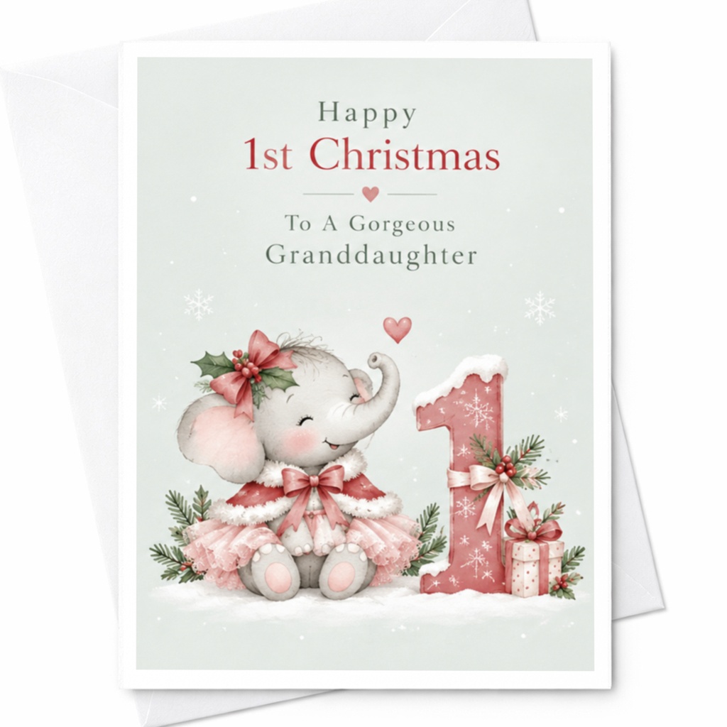 Happy 1st Christmas To A Gorgeous Granddaughter Card Cute Elephant Christmas Card For Baby Girl First Christmas Card C7676
