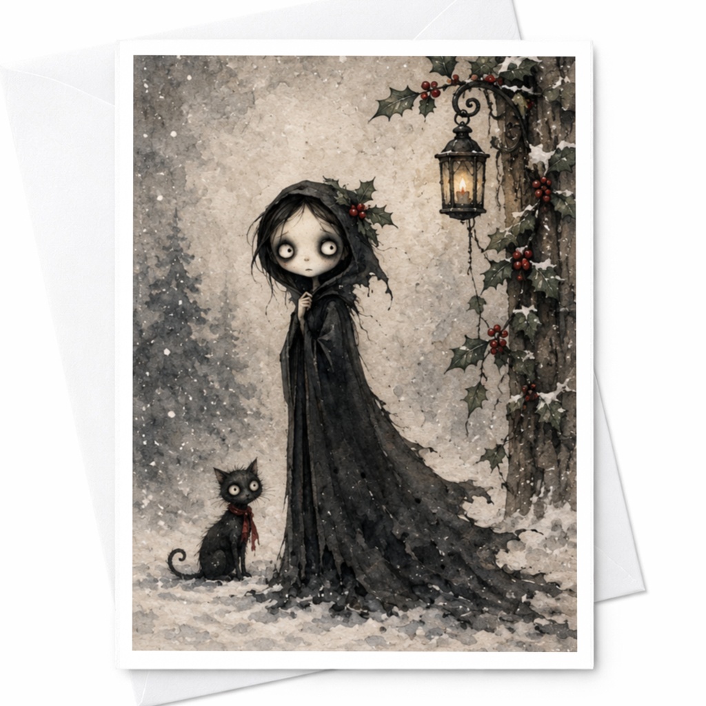 Gothic Winter Scene Card Blank Greeting Card Dark Fantasy Art For Her Unique Holiday Card Cat Lover Christmas Card C7680