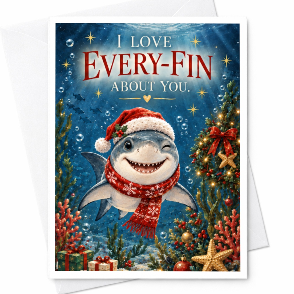 I Love Every-Fin About You Christmas Card Cute Shark With Santa Hat Holiday Greeting Card For Him Her Funny Ocean Theme C7682