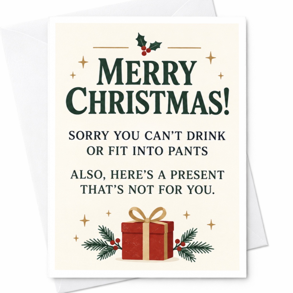 Merry Christmas! Funny Christmas Card Sorry You Can’t Drink Or Fit Into Pants Present Holiday Greeting Card C7683