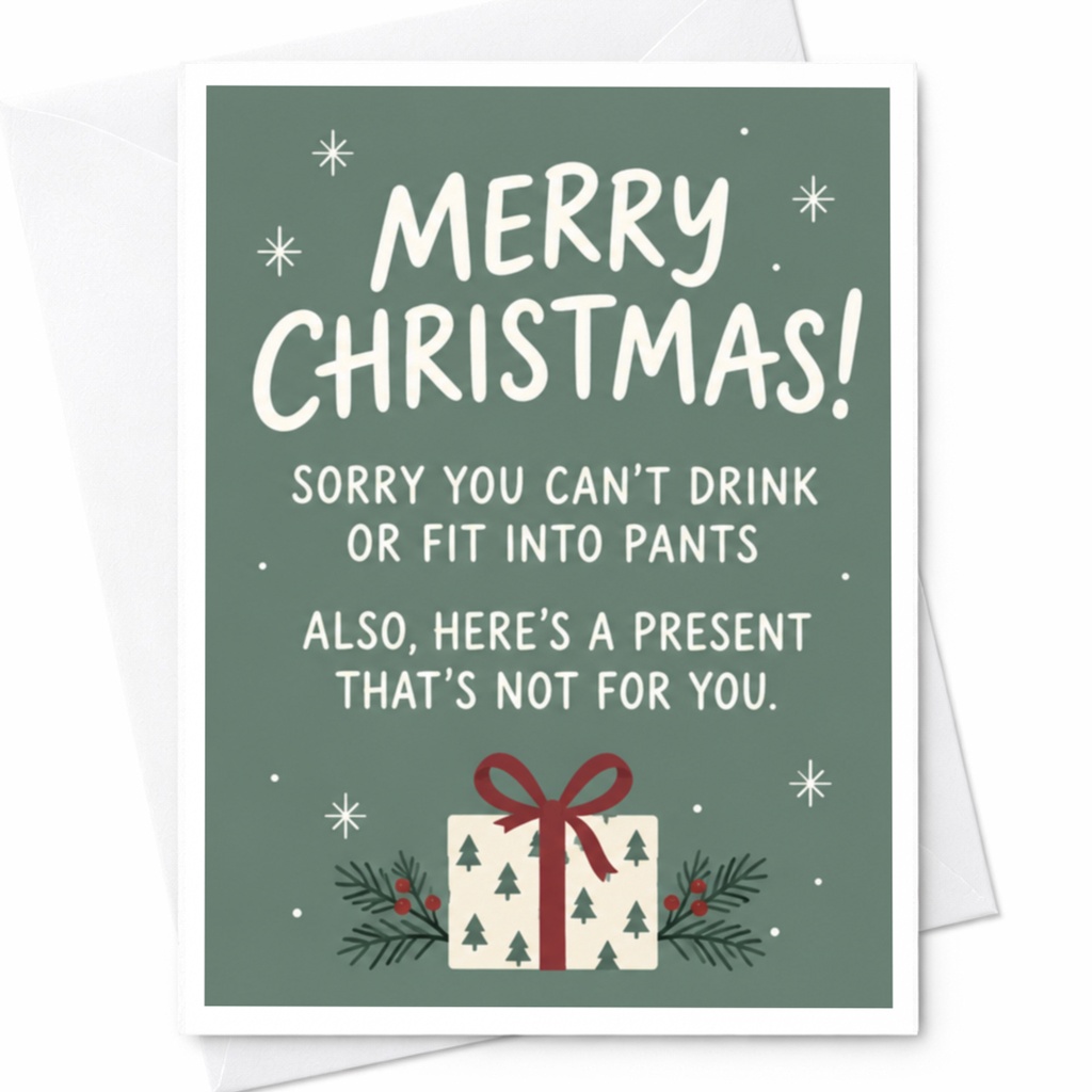 Merry Christmas! Funny Christmas Card Sorry You Can’t Drink Or Fit Into Pants Present Not For You Holiday C7684