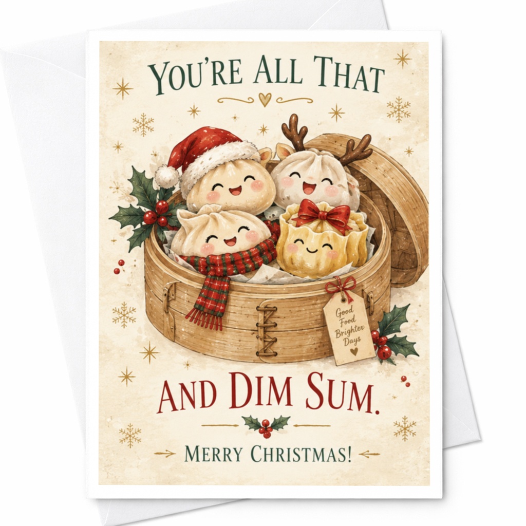You're All That And Dim Sum. Merry Christmas! Cute Christmas Card Dim Sum Characters Holiday Greeting Card For Food Lovers C7691
