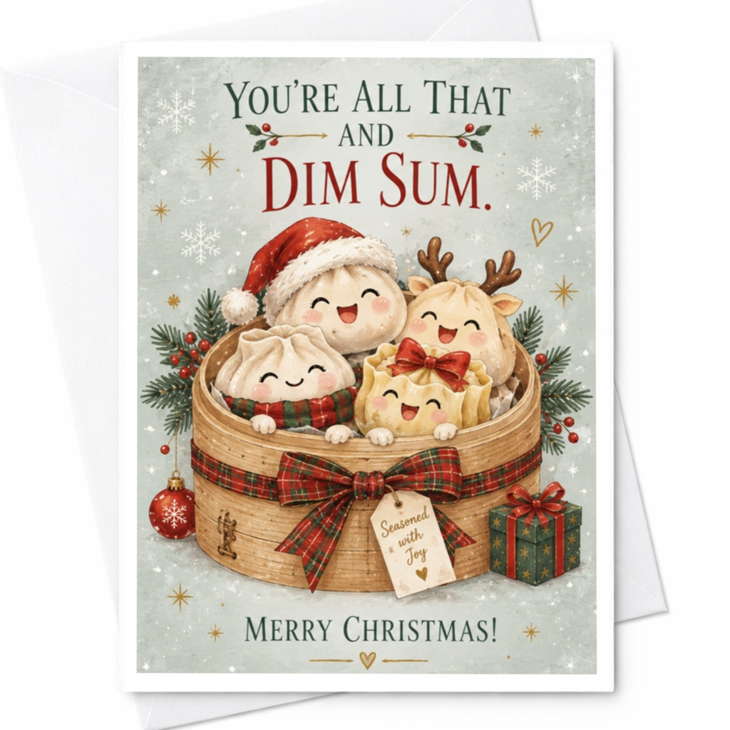 You're All That And Dim Sum. Merry Christmas! Cute Christmas Card Dim Sum Characters Holiday Greeting Card For Food Lovers C7692