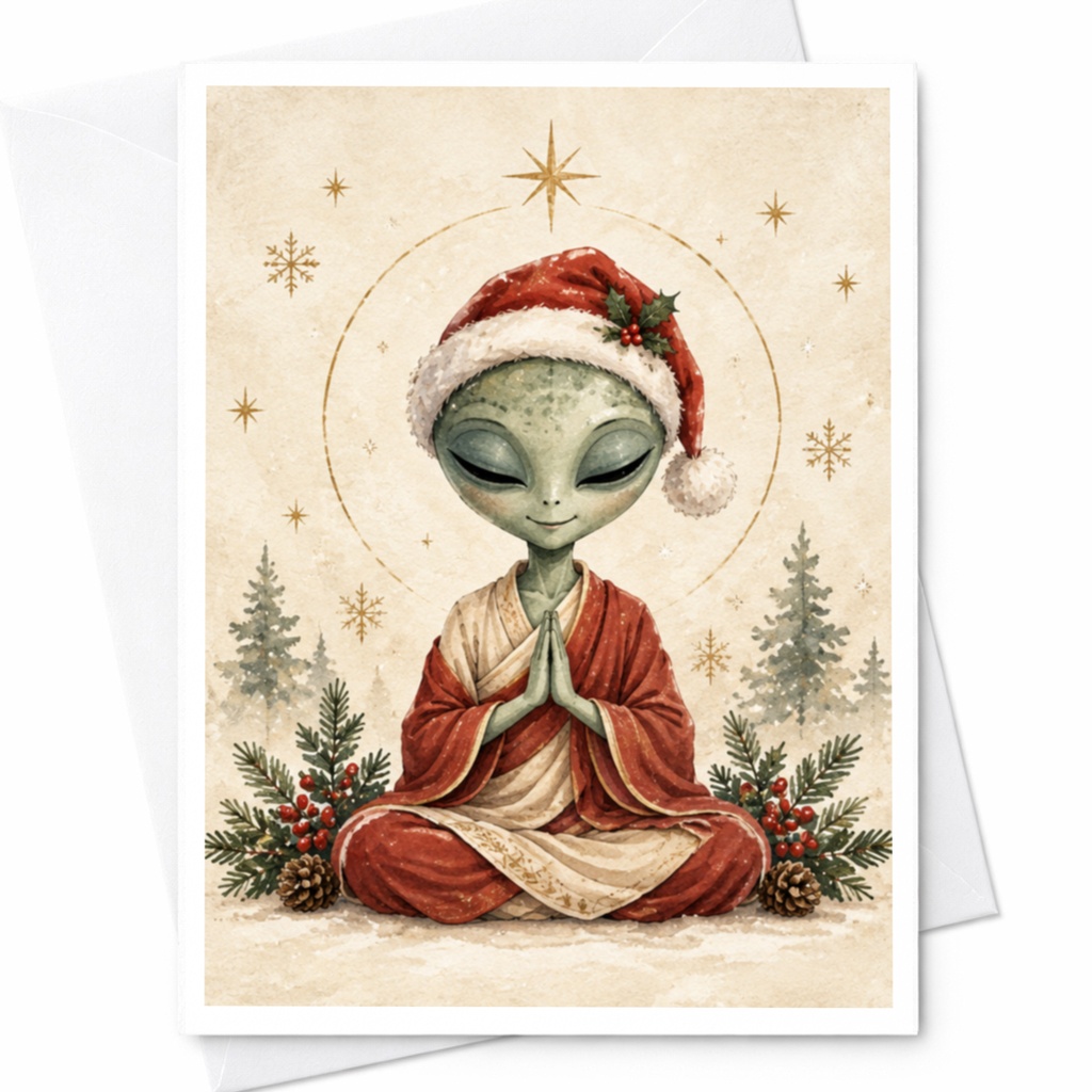 Alien In Santa Hat Christmas Card Cute Holiday Greeting Card For Sci-Fi Lovers Unique Festive Card With Alien Illustration C7693