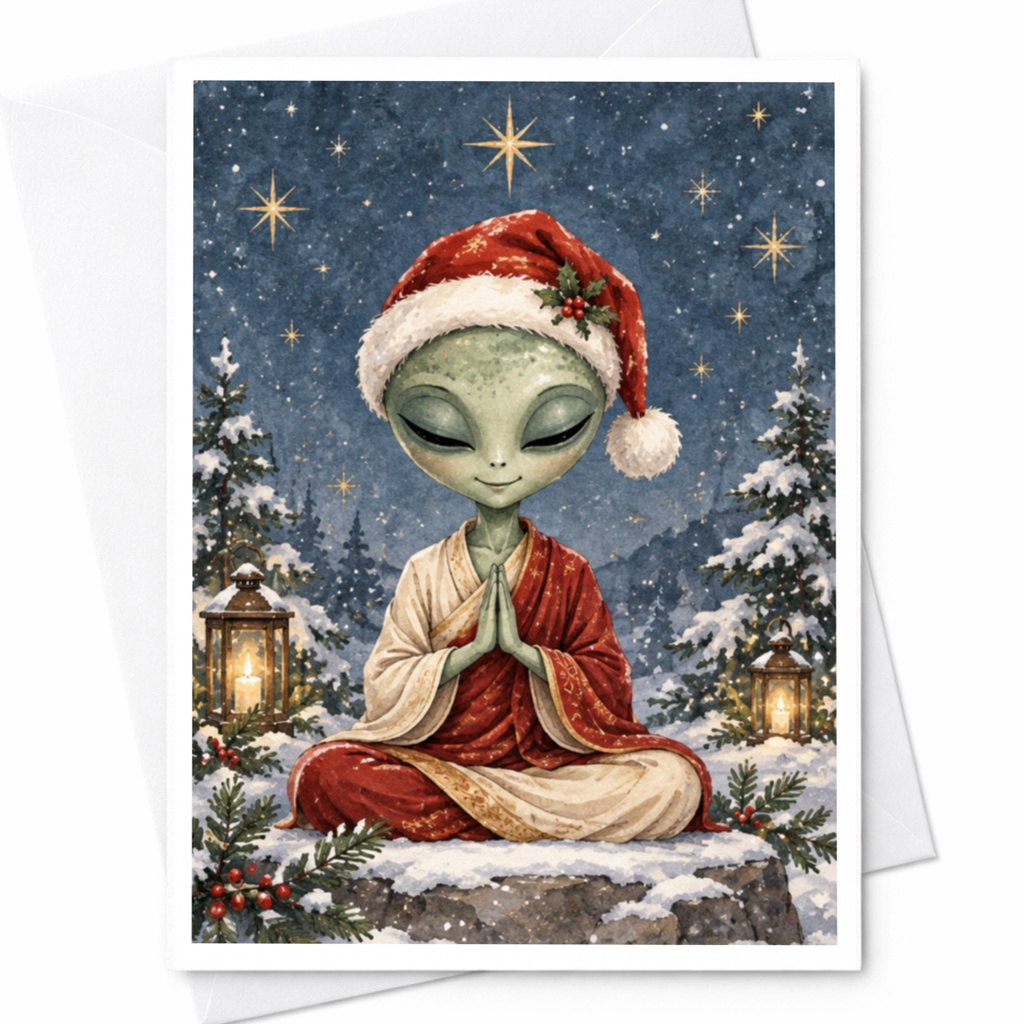 Alien In Santa Hat Meditating Christmas Card Cute Holiday Greeting Card For Sci-Fi Lovers Winter Scene Festive Card C7694