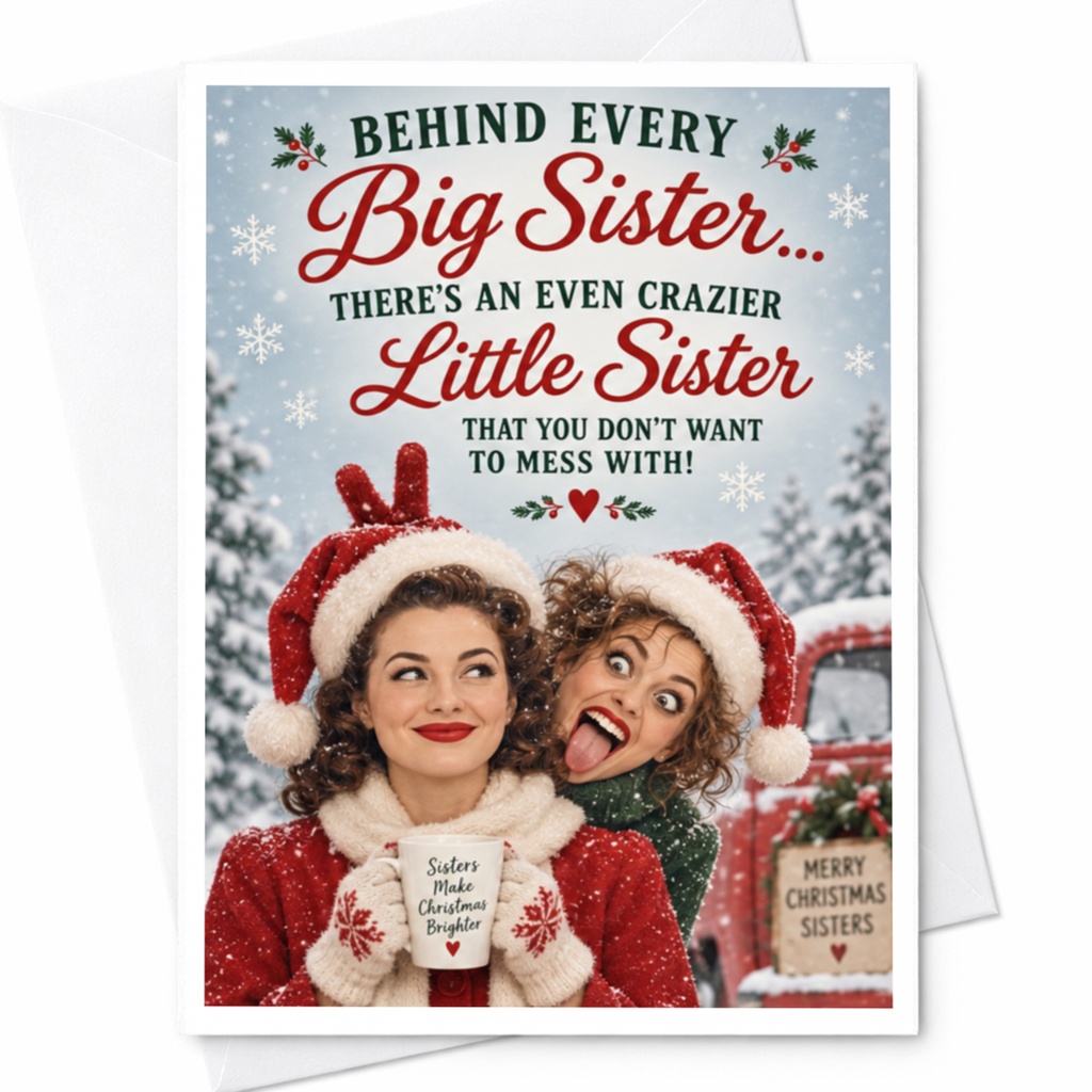 Behind Every Big Sister... There's An Even Crazier Little Sister Christmas Card Funny Holiday Card For Sisters Cute Festive C7695