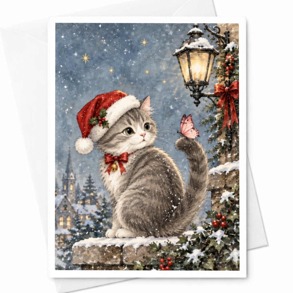Christmas Cat Card Cute Holiday Greeting Card With Santa Hat Winter Scene For Cat Lover Festive Animal Card Snowy Butterfly C7697