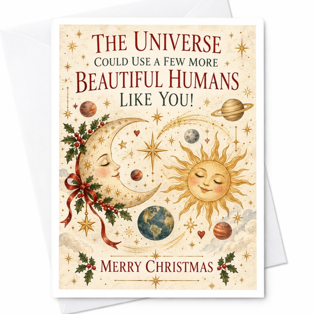 The Universe Could Use A Few More Beautiful Humans Like You! Merry Christmas Card Cute Holiday Greeting Celestial Sun Moon C7705