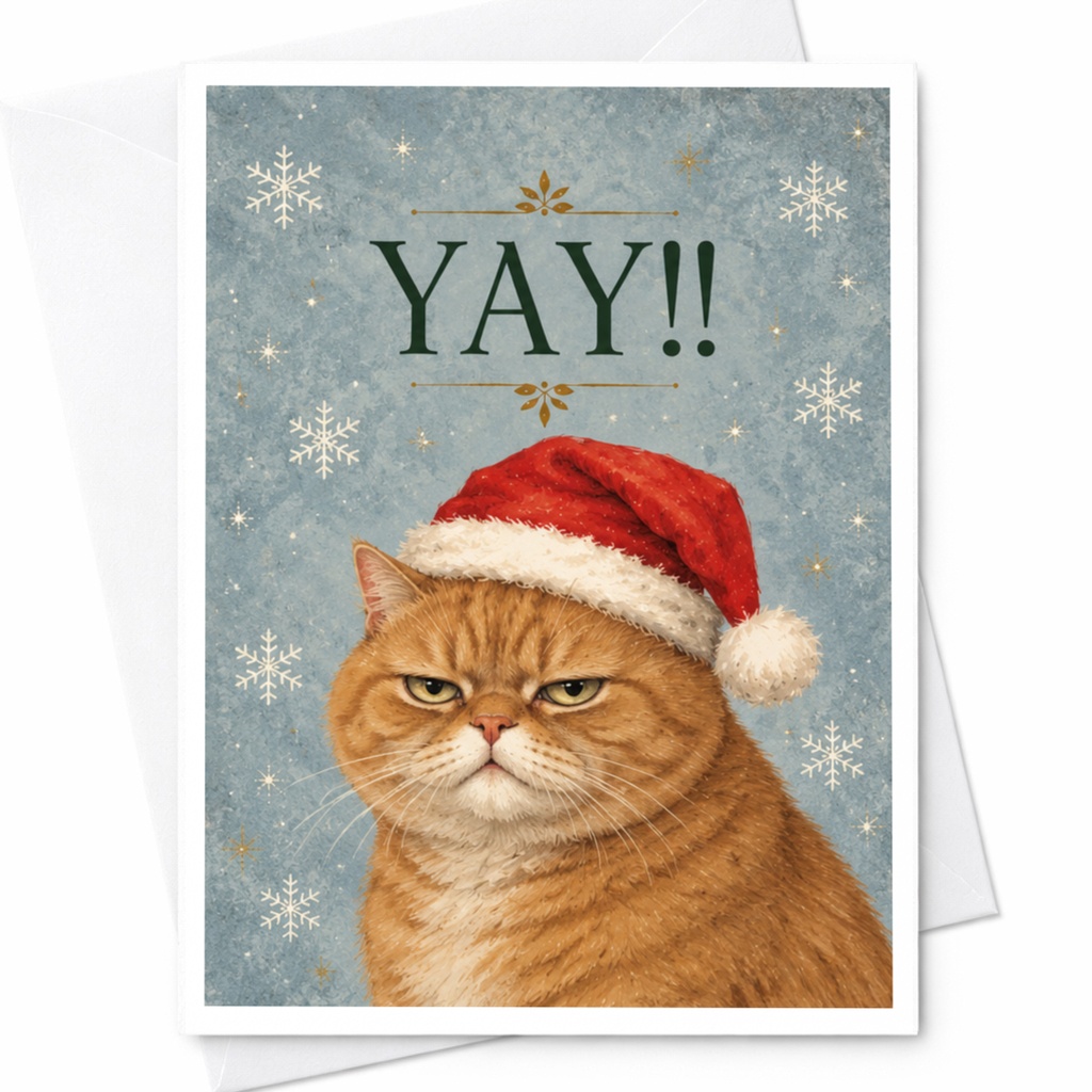 Yay!! Funny Christmas Card Cat With Santa Hat Holiday Greeting Card For Cat Lover Cute Festive Animal Card C7653