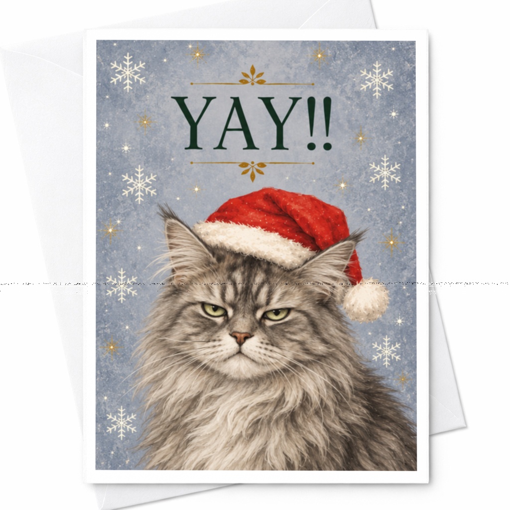 Yay!! Funny Christmas Card Cat With Santa Hat Cute Holiday Greeting Card For Cat Lover Festive Winter Card C7657