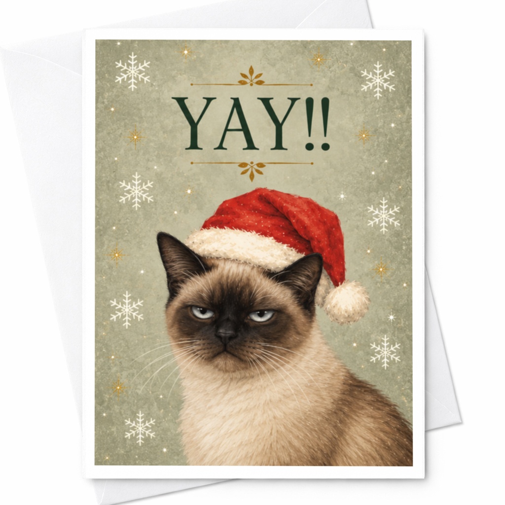Yay!! Funny Christmas Card Cat With Santa Hat Cute Holiday Greeting Card For Cat Lover Xmas Card C7658