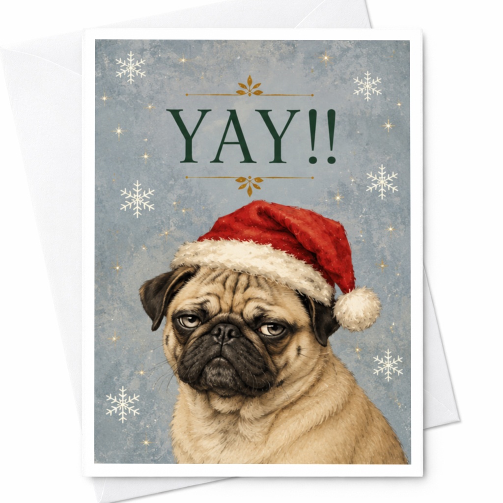 Yay!! Funny Christmas Card Cute Pug With Santa Hat Holiday Greeting Card For Dog Lover Festive Animal Card C7659