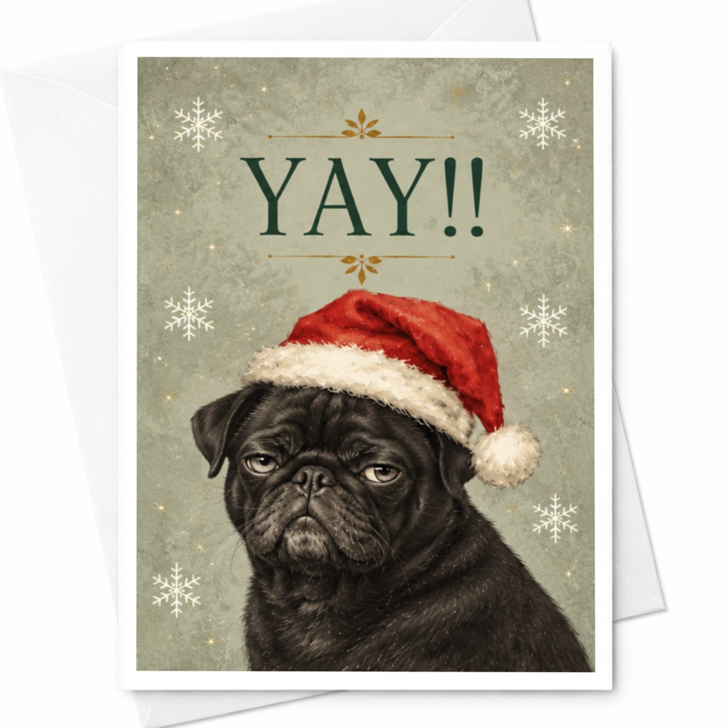 Yay!! Funny Christmas Card Pug With Santa Hat Cute Holiday Greeting Card For Dog Lover Festive Pet Lover Card C7660